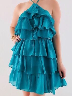 fab'rik Teal Tiered Ruffle Mini Dress